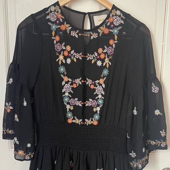 Anthropologie Maeve Anfisa Peasant Dress 4 Black Embroidered Smocked Sheer Boho - Picture 5 of 12